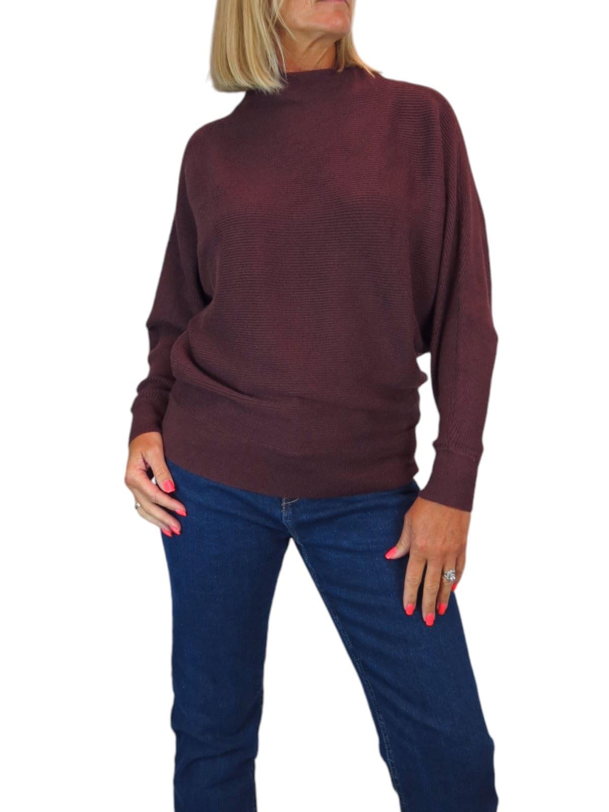 Paulo Due Women's Burgundy Red Ribbed Turtle Neck Batwing Jumper Soft Knit Long Sleeve Pullover Top Burgandy Wine 6-16 (8)