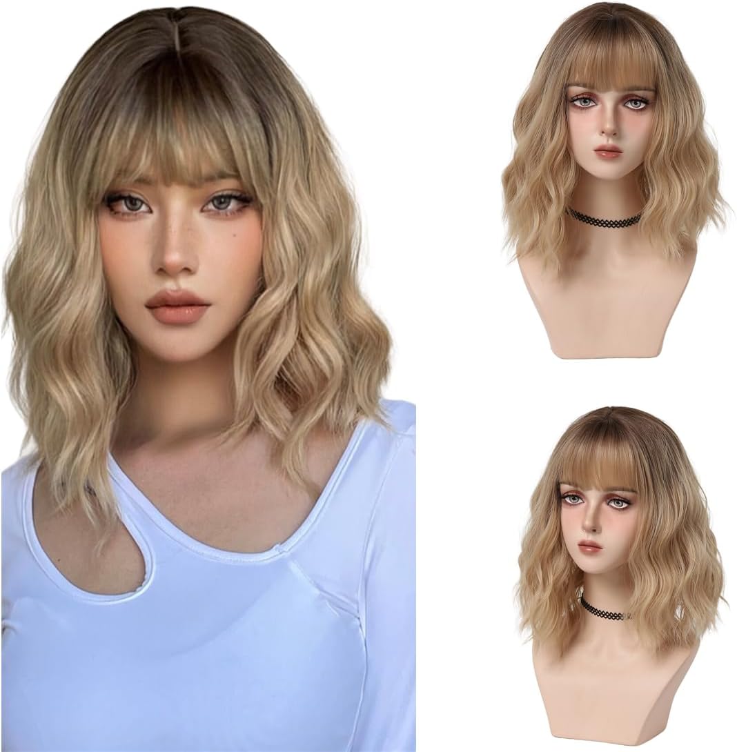 Kynkycos 24inch Gradient blonde collarbone hair female synthetic wig daily wig short collarbone hair + wig