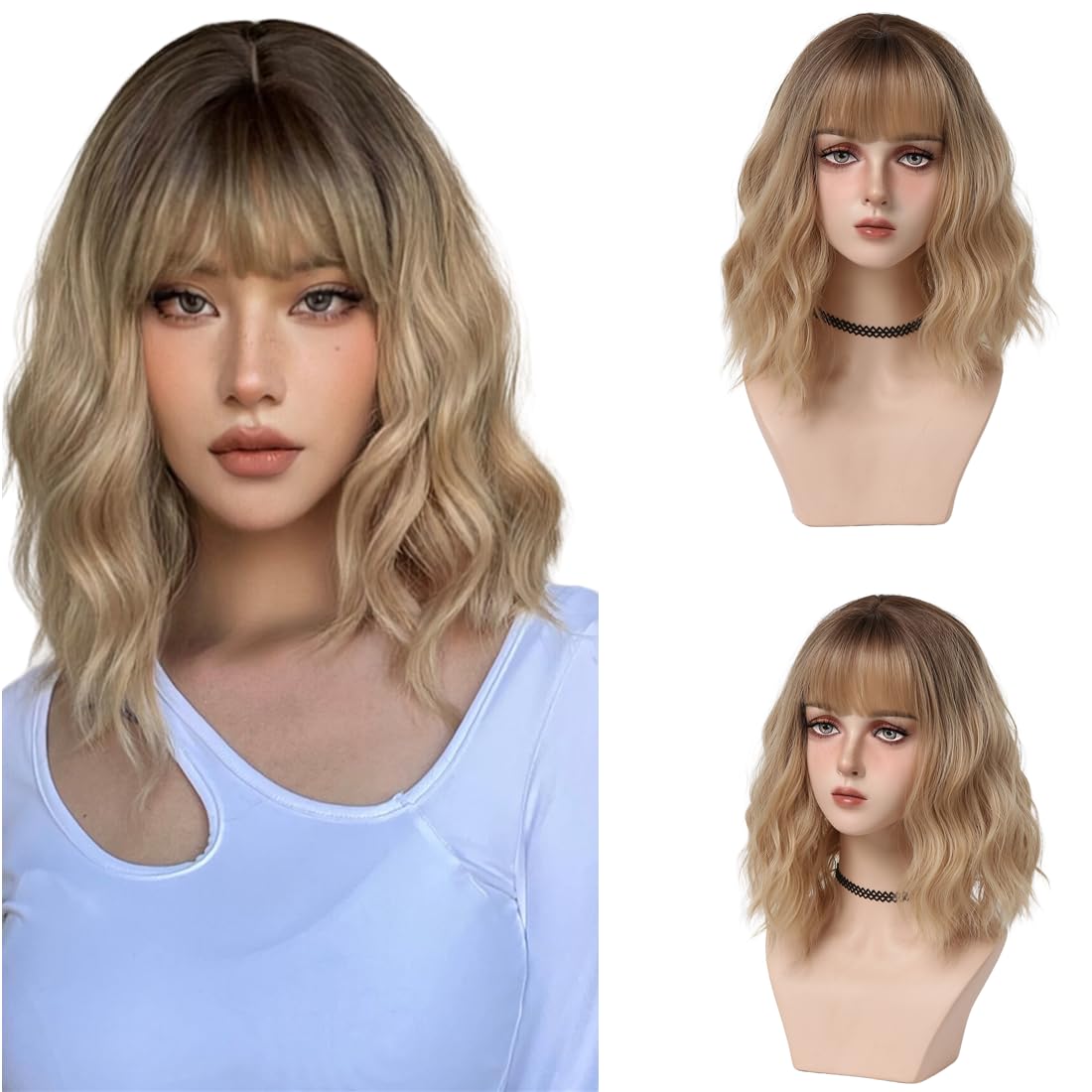 Kynkycos 24inch Gradient blonde collarbone hair female synthetic wig daily wig short collarbone hair + wig