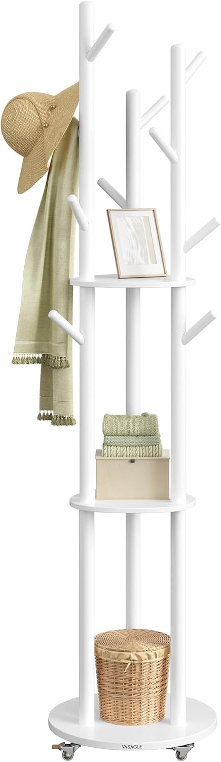 VASAGLE Attaccapanni da Terra, Appendiabiti con 11 Ganci e 3 Ripiani, 4 Ruote Girevoli a 360° e Rimovibili, Ganci e Pali in Legno, per Ingresso Camera da Letto Salotto, Bianco Nuvola RCR023W01