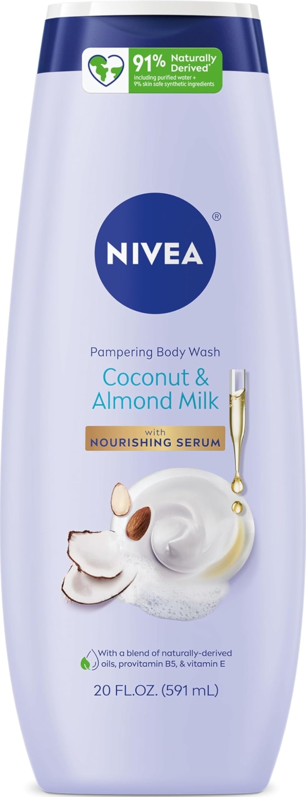 NIVEA Pampering Coconut and Almond Milk Body Wash, 20 FL OZ | Moisturizing Body Wash for Women, with Nourishing Serum, Enriched with Provitamin B5 and Vitamin E, Paraben Free