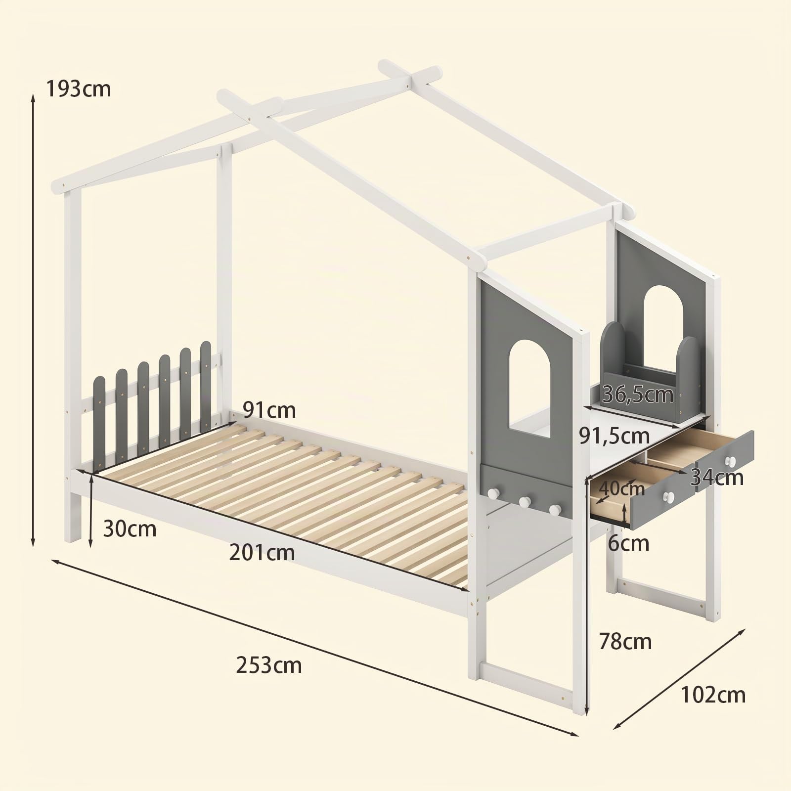 COSTWAY Letto Matrimoniale/Singolo con Scrivania, Letto Piattaforma in Legno con Testiera a Staccionata Ganci e Cassetti, 200x140/200x90 cm, Carico 320/150kg (200x90 cm)