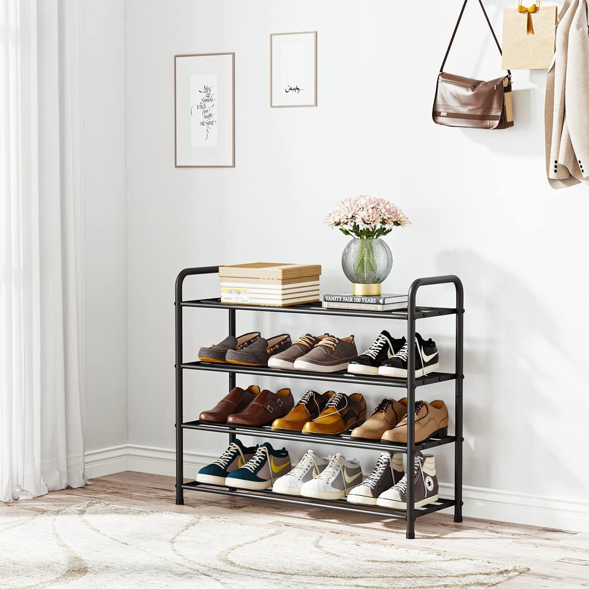 FANHAO Étagère à Chaussures 4 Niveaux en Acier Inoxydable pour Ranger Les Chaussures - Peut contenir jusqu'à 12 Paires de Chaussures, pour Salon, vestiaire et Couloir, 68 x 26 x 65 cm (Noir Mat)