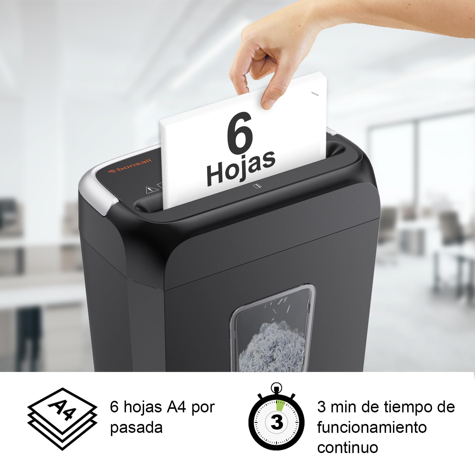 Bonsaii Destructora de Papel, destruye 6 Hojas a la Vez, Puede triturar Tarjetas de crédito y Clips de Oficina, destructora de Papel para casa con un contenedor de residuos de 13 litros, C237-B