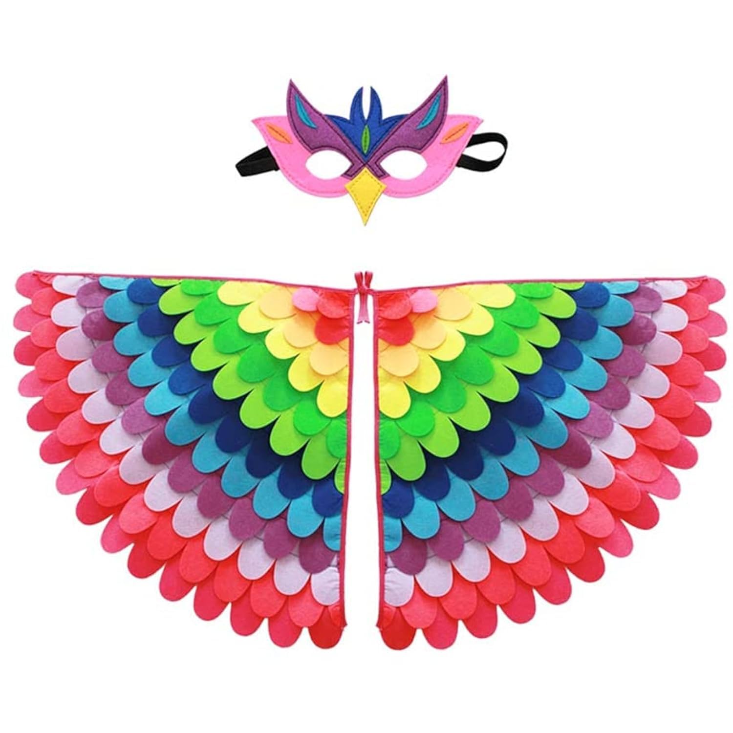 2 Piece Kids Bird Wings Cloak Owl Parrot Peacock Colorful Dress Up Fancy Dress Boys Girls Felt Cape with Eye Mask for Party School Pretend Games Cosplay Costume