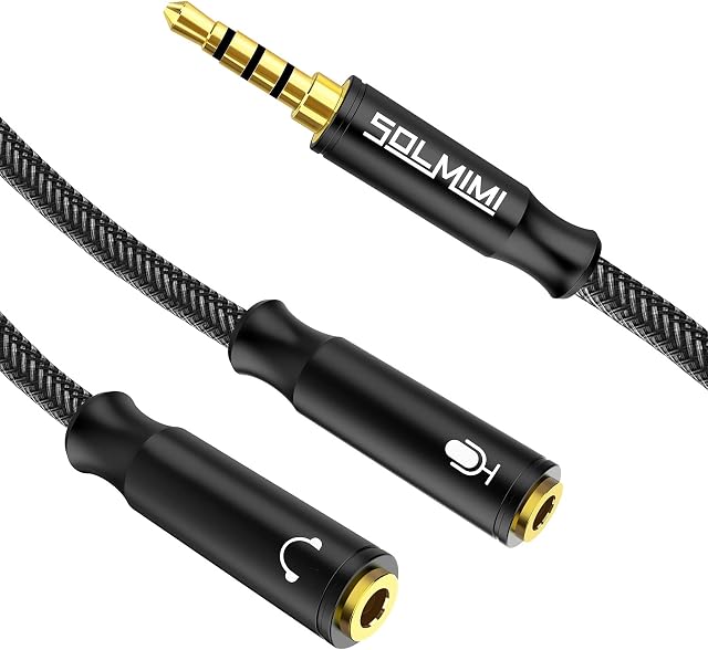 SOLMIMI Headphone Mic Splitter, TRRS Headset Splitter with Separate Headphone and Mic Jack Adapter, 3.5mm Combo Audio Adapter for Dual-Plug Headset Compatible to Xbox One, Smartphone, Pc, Ps4