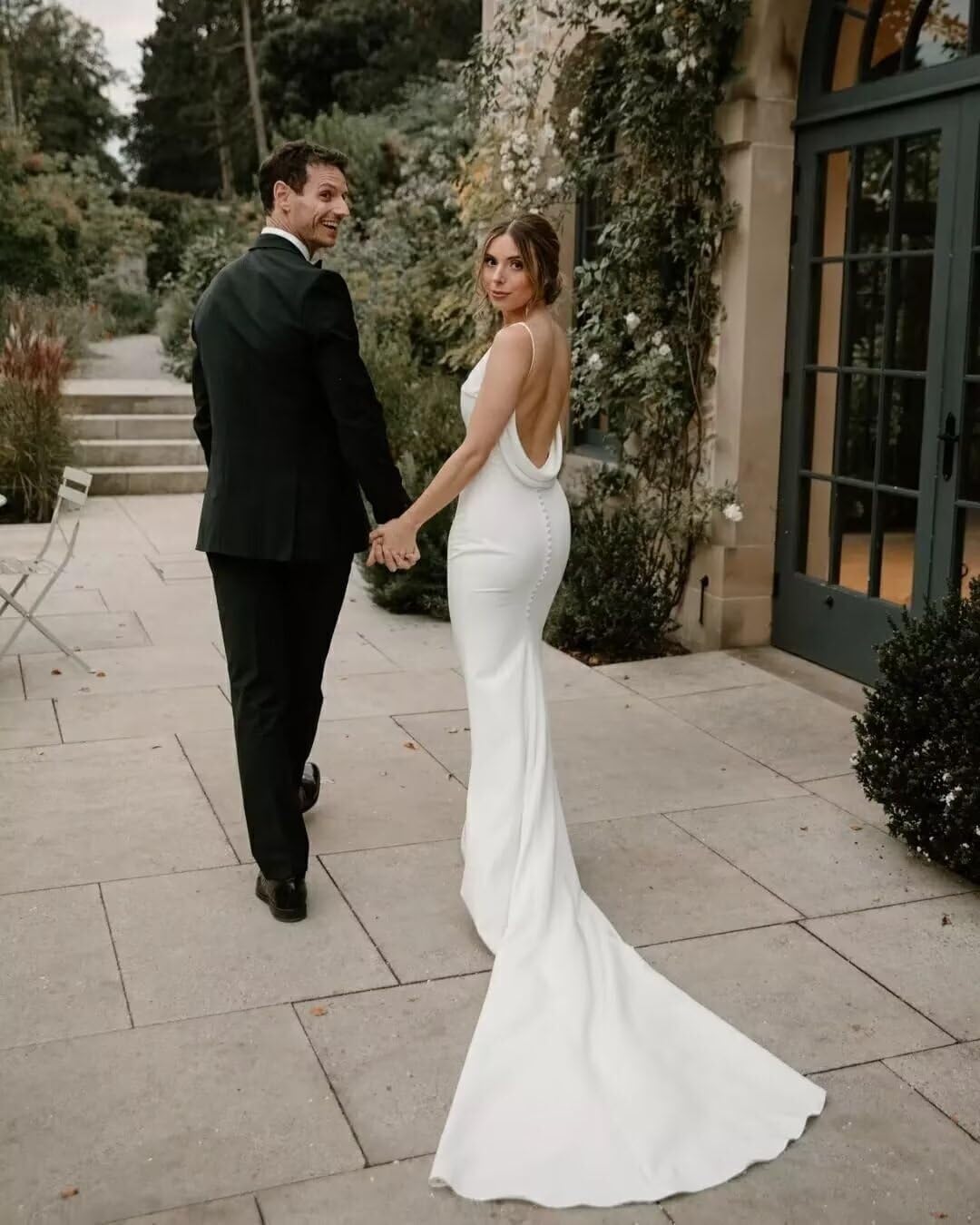 Boho Wedding Dresses for Bride with Train Spaghetti Straps Satin Mermaid Bridal Dresses for Wedding LAW103