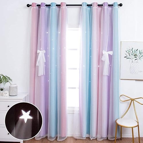 UNISTAR 2 paneles de cortinas opacas y transparentes con estrellas para dormitorio, niñas, habitación de bebé, doble capa con recorte de estrellas,