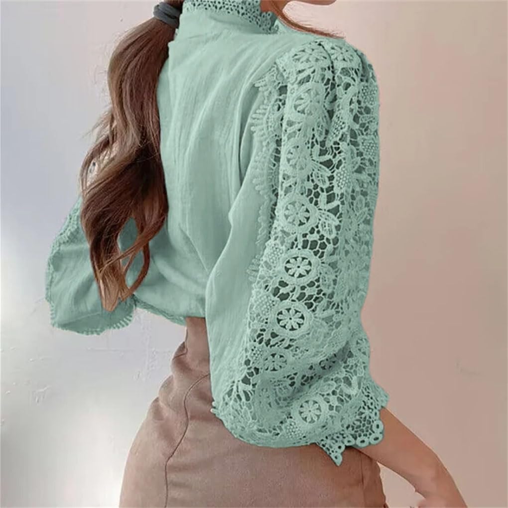 Camisa de encaje hueco con cuello alto para mujer, color liso, empalme de manga larga