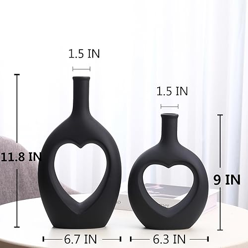 Miniatura 4 de JDZMYF Juego de 2 jarrones de cerámica en forma de corazón negro, decoración moderna y bohemia para el hogar, para sala de estar, jarrón redondo con