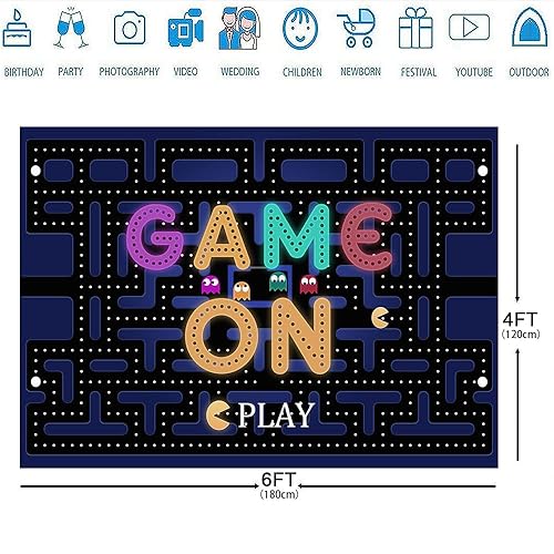 Miniatura 8 de Videojuego en telón de fondo de 10 x 7 pies para niñas y niños, laberinto de fotografía, fondo de luces coloridas, suministros para fiesta de