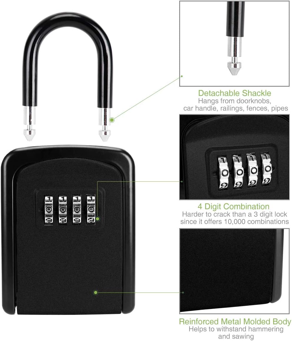 KeeKit Key Lock Box, Key Safe Box with Removable Shackle, Resettable Code Key Storage Lock Box Waterproof with 4 Digit Combination, 5 Key Capacity for Home, Indoor & Outdoor – Black
