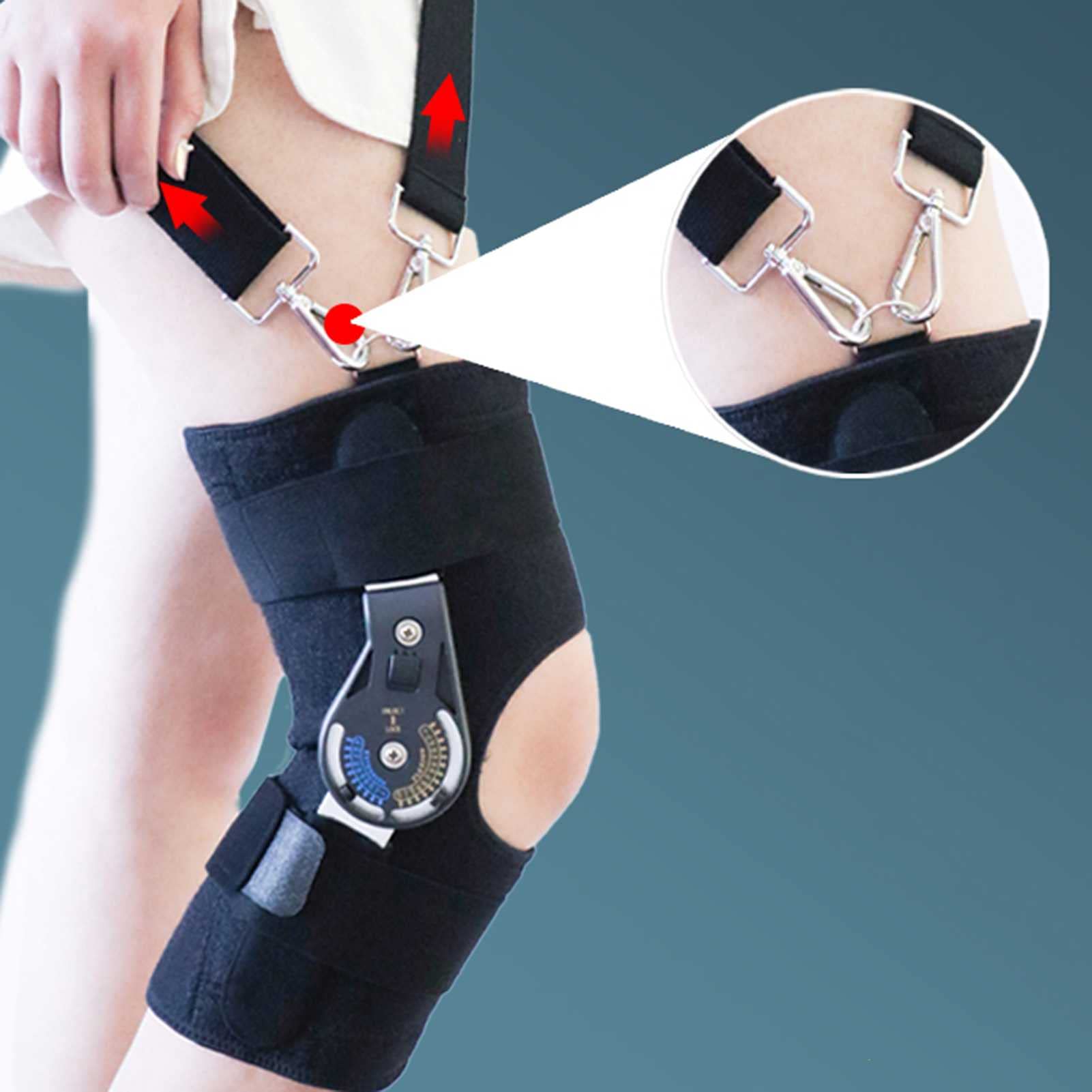Ortesis de rodilla con bisagra Doble correa ajustable Fijación de la articulación de la rodilla Brace Menisco Ligamento Lesión Rodillera Fractura de rodilla Dispositivo de rehabilitación Protector de