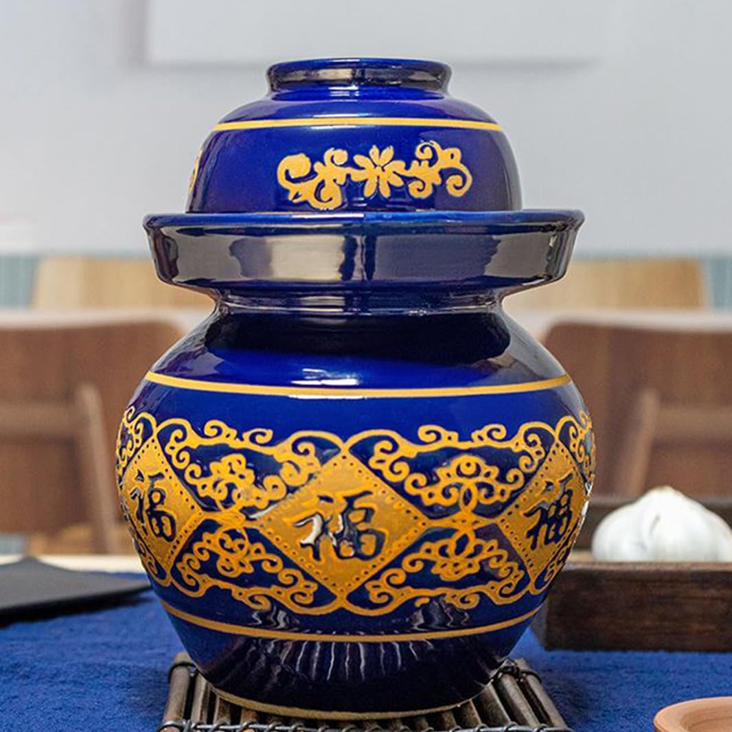 Duży ceramiczny słoik na marynaty z pokrywkami, niebieski tradycyjny porcelanowy słoik do marynowania, ceramiczny garnek fermentacyjny z uszczelką wodną pokrywką śluzy powietrznej, garnek z