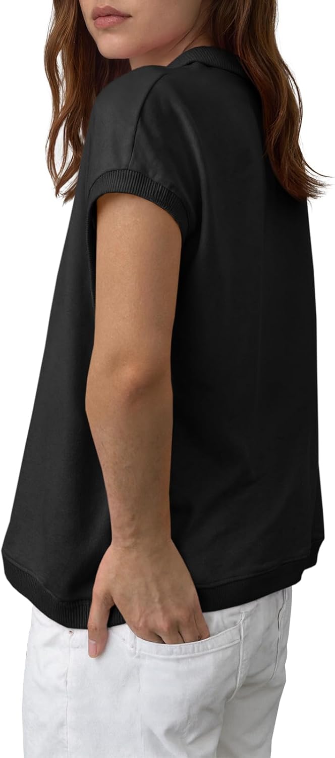 Tankaneo Womens Cap Sleeve Polo Shirts Summer V Neck Collared Tops Casual Loose Fit Boxy Tees - Image 2