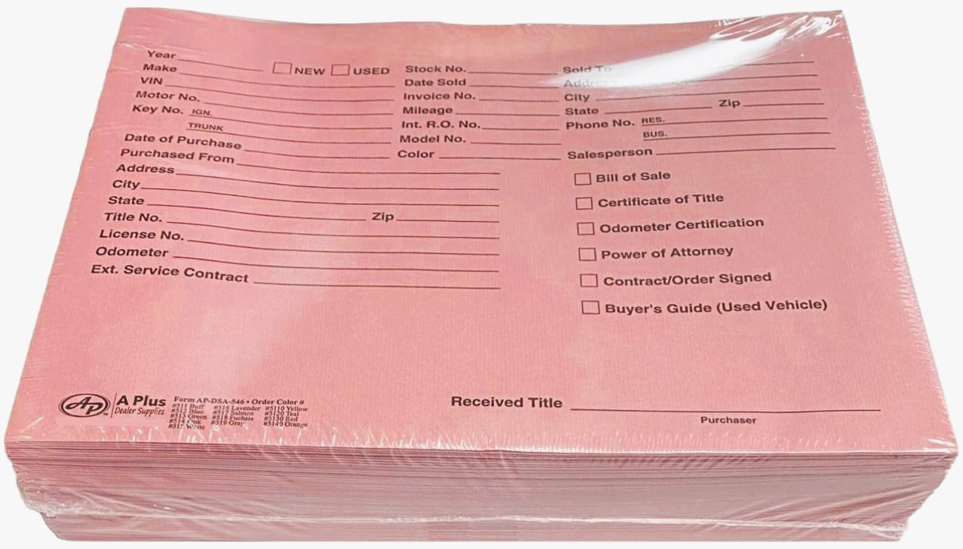 A Plus Paper Printed Vehicle Dealer Envelopes 9x12 Deal Jackets (100 Shrink Wrapped) (Pink))