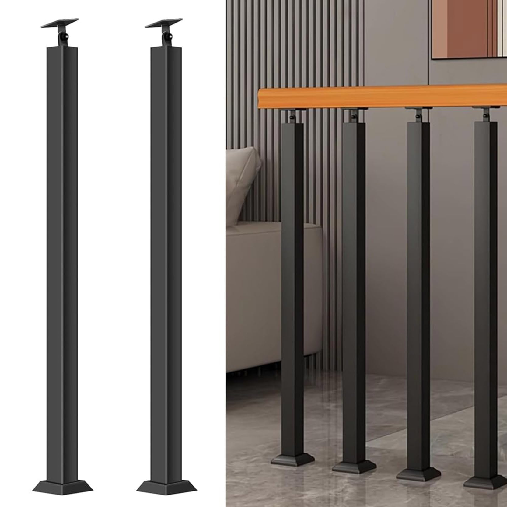 GOUZIBHD 2 Pack Metal Hand Railing Spindles with Flat & Adjustable 270° Angle Bracket,Square Stair Baluster Posts,Banister Column for Deck Balcony Indoor Outdoor Decor(Size:90cm/35.4in,Color:Black)