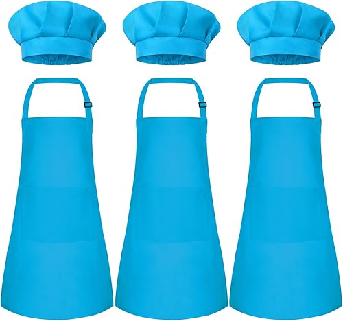 Miniatura 16 de Conjunto de Delantal y Gorro de Chef para Niños, Delantal Infantil Ajustable con 2 Bolsillos, para Niños Chef y Pintura, Cocinar, Hornear Azul