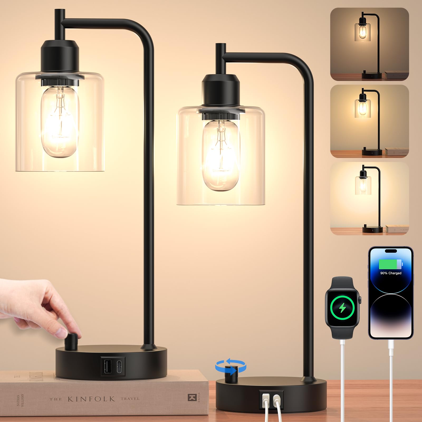 AmazeFun Juego de 2 lámparas de noche regulables - lámpara de mesa con función de carga Puertos USB A+C enchufes 2 bombillas LED, pantalla de cristal, lámpara pequeña para dormitorios, salones, comedo