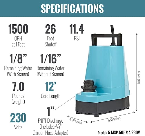 Miniatura 6 de Little Giant Bomba de utilidad manual de aluminio de 5-MSP 230 voltios, 16 HP, 1500 GPH, cable de 12 pies (sin enchufe), azul, 505714
