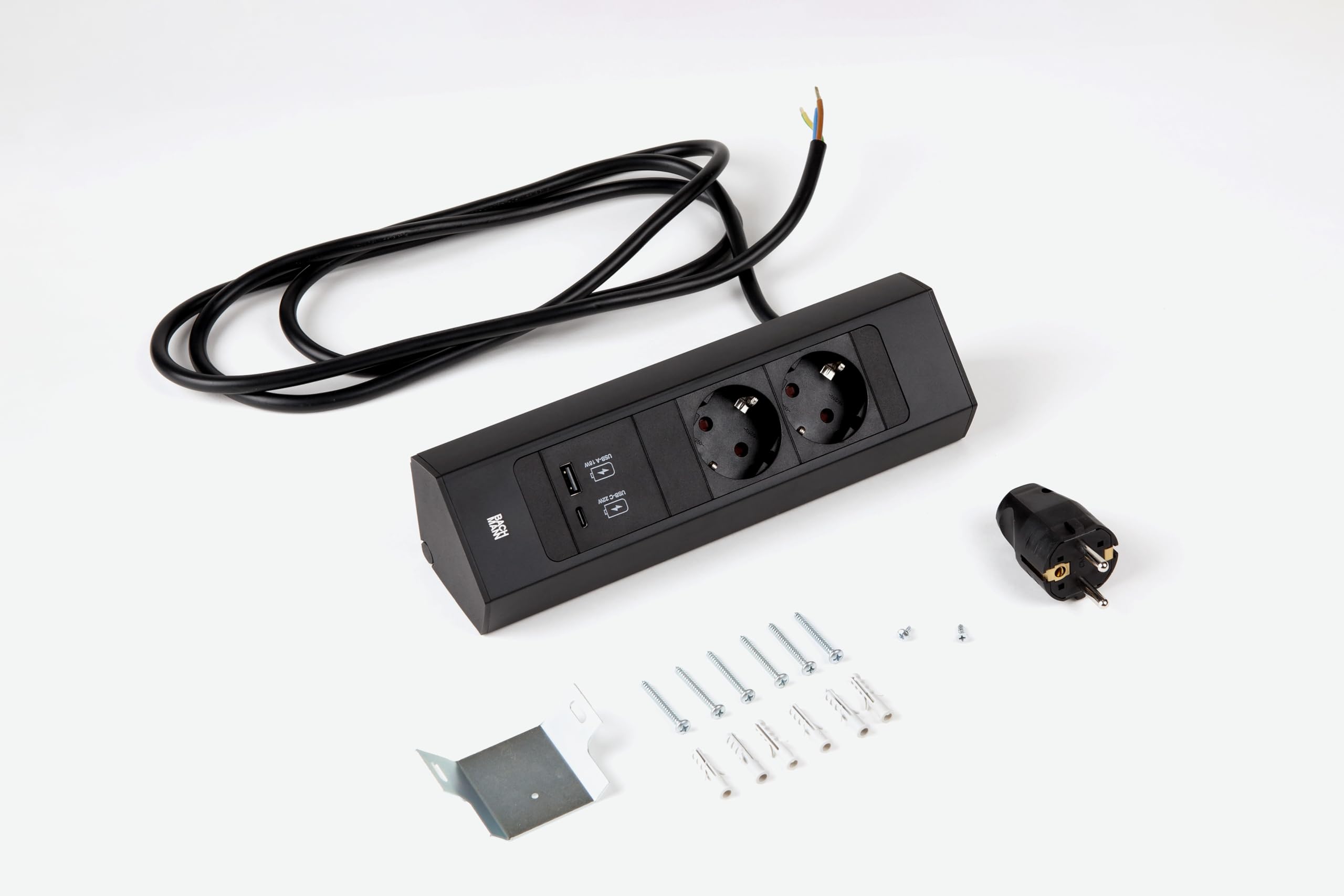 Bachmann Multiprise d'angle Casia 2, 2 Prises avec USB-A et USB-C, câble de 2m, Montage Mural ou en Angle dans la Cuisine et au Bureau, Noir (avec revêtement Anti-Traces de Doigts)