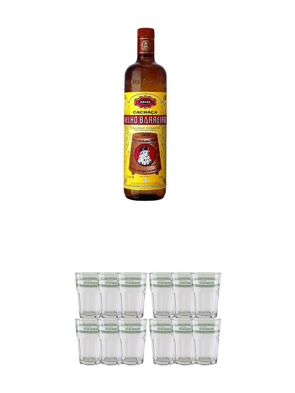 Velho Barreiro Silver Cachaca Originalabfüllung 1,0 Liter + Velho Barreiro Caipirinha Glas 6 Stück + Velho Barreiro Caipirinha Glas 6 Stück