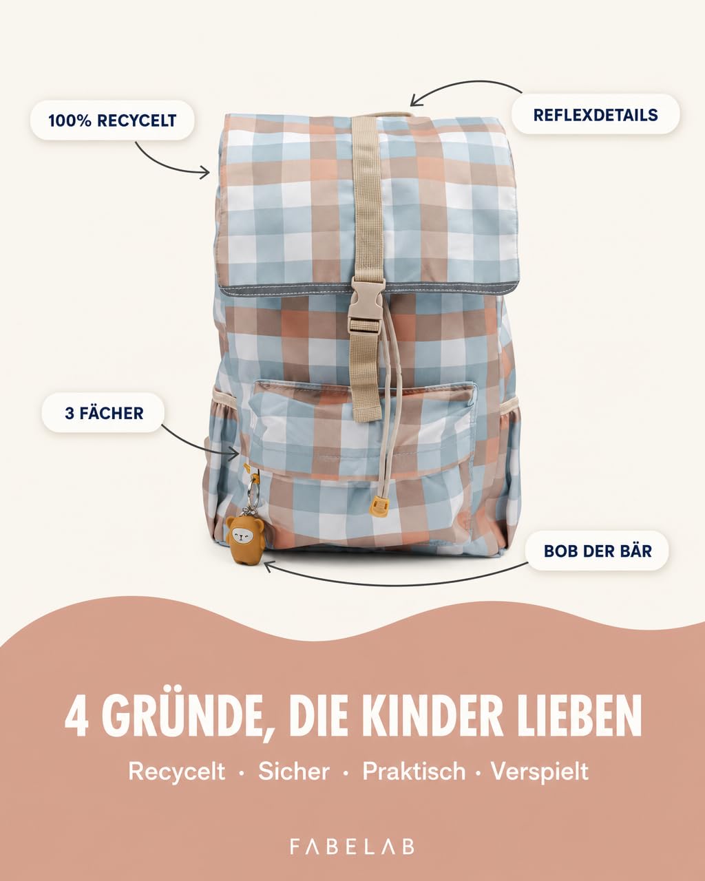 Fabelab Zaino per bambini, zaino per l'asilo, zaino per bambini a partire dai 6 anni, in 100% poliestere riciclato, zaino per la scuola, zaino per bambini con capacità di 14 l