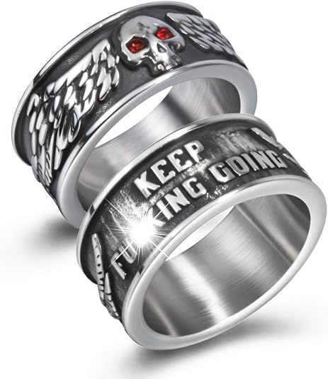 Vintage Gothic Skull Rings for Men Women, Stainless Steel Black Onyx Poker Ring Band Silver Skeleton Cocktail Party Biker Ring