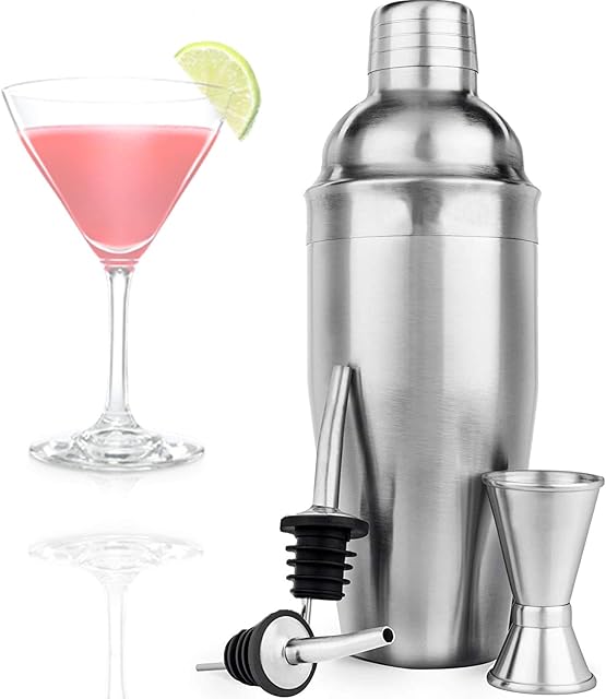 JJA Cocktail Shaker Set, Cocktail Set, Cocktail Making Kit, Cocktail Mixer, Home Bar Barware Sets Accessories, Bartender Juice Making Kit, Shaker Bottle, Liquor Pourer & Double Jigger (5 Pieces)