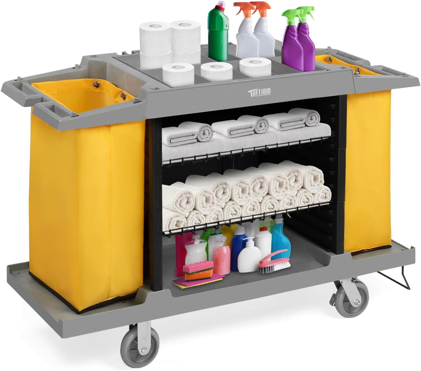 TUFFIOM Industrial Multifunctional Hotel Cart,Commercial Traditional Cleaning Janitorial Room Service Housekeeping Cart, 39" H x 58" W x 21" D