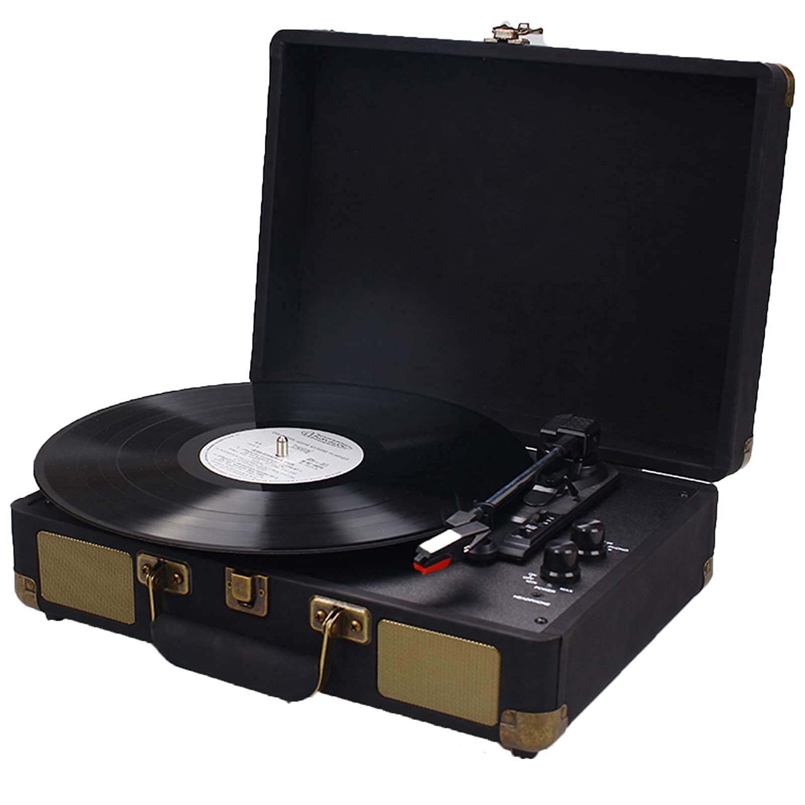 Gramofon, gramofon z głośnikami, trzy prędkości, obsługuje wyjście RCA, Bluetooth, gniazdo słuchawkowe, przenośny odtwarzacz płyt winylowych w stylu walizki, Black