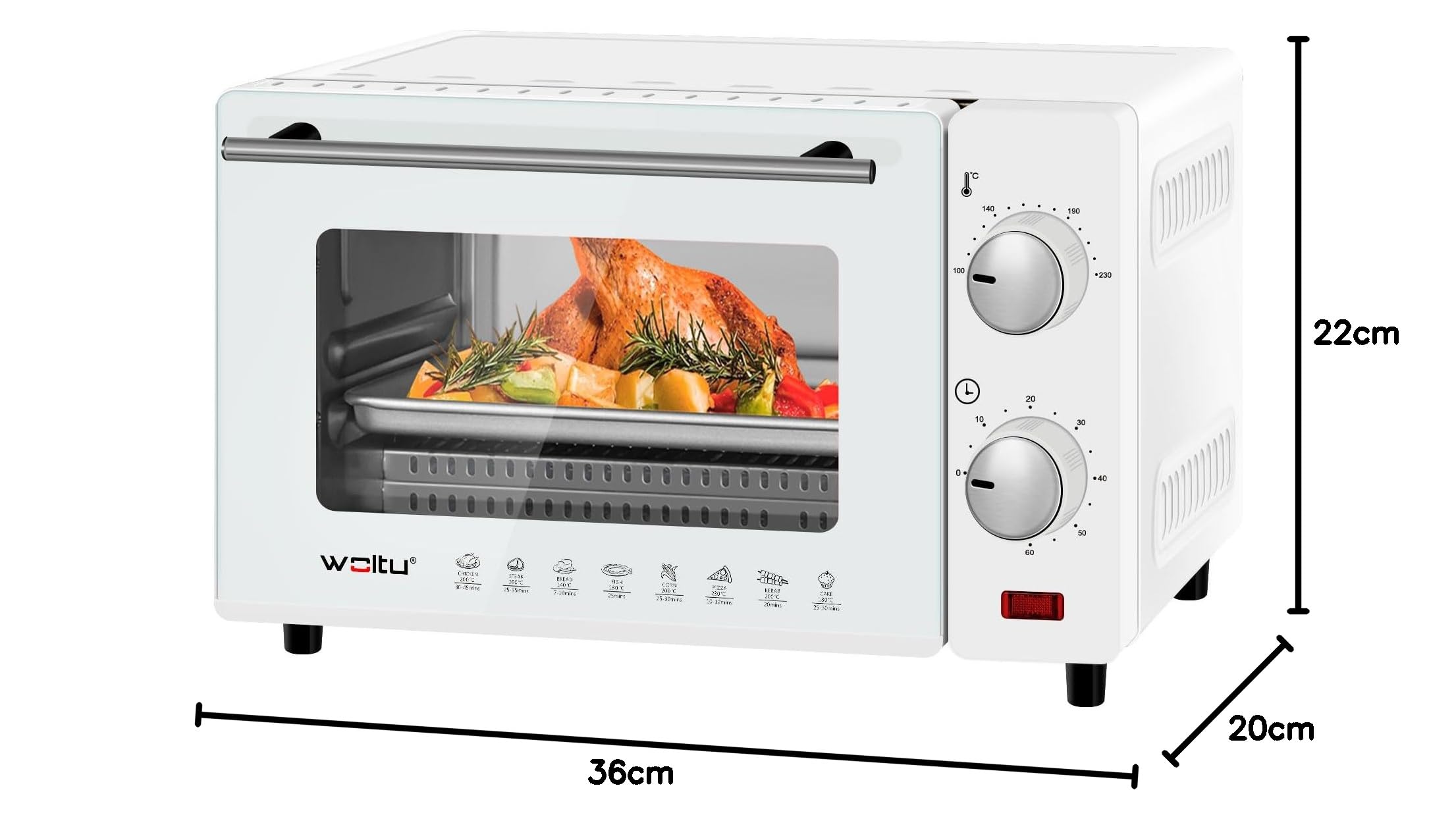 WOLTU Mini Horno Electrico 10 L, 800 W, Horno Pequeño Sobremesa, Mini Horno Tostador 100-230℃, Temporizador 0-60 Min, Blanco