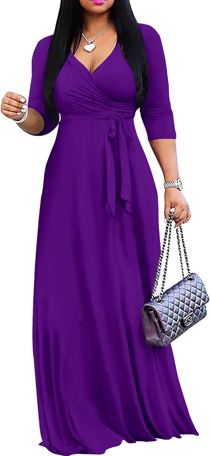 Mrskoala Women Plus Size Long Maxi Wrap Dresses Summer Sundress V-Neck 3/4 Sleeve