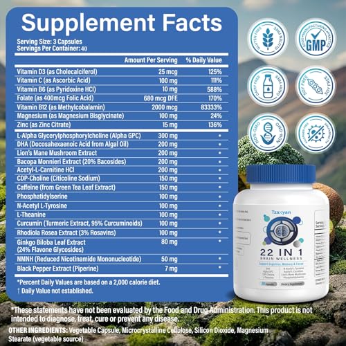 Image of Brain Supplements for Memory and Focus, Clarity & Cognitive Improvement, 300mg Alpha GPC, CDP-Choline, DHA, Lion's Mane, L-Theanine, Vitamin & Phosphatidylserine for Men & Women, 120 Capsules