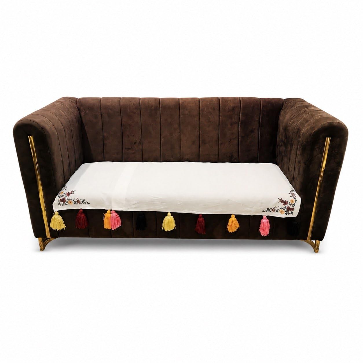 3 Seater Quilted Velvet Sofa Cover with Tassels | Elegant Beige Sofa Protector for Living Room | Soft, Washable | Perfect for Enhancing Living Room Interiors-image-23