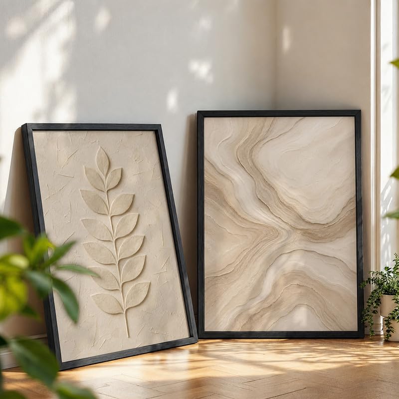 Image of NoWorries Minimal Leaf Wall Painting Set of 2 with Frame | Neutral Beige Botanical Leaf & Abstract Marble Texture Artwork, Modern Nature Wall Decor for Living Room, Bedroom, Office and Home Decoration (Art-14, 13x19inch)