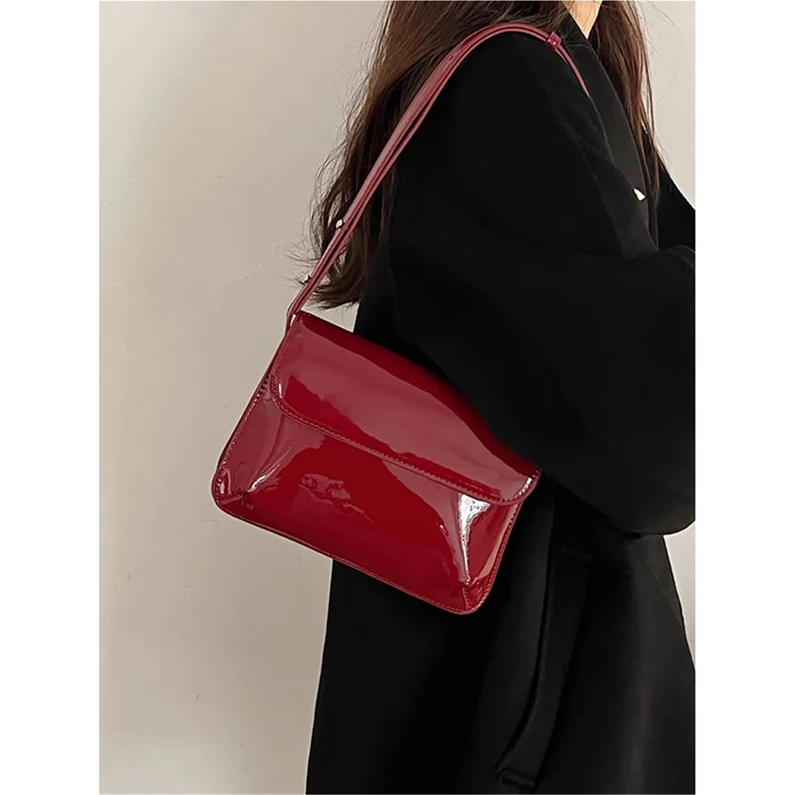 Bolso pequeño de Charol Rojo Brillante for Mujer, Bandolera de Hombro for Axilas, Bandolera de Fiesta Vintage Adecuado para Viajar, Fiesta, Trabajo(Black)
