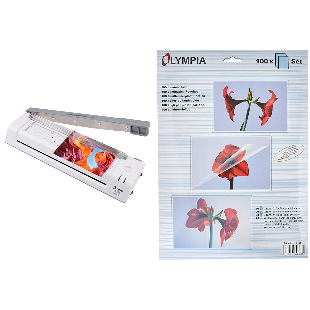Olympia A 350, Kombi Laminier- und Schneidegerät für A3, 75/80 - 125 Micron, 3130 & Laminierfolien-Set 80 Mikron DIN A4, A5,A6, Visitenkarte