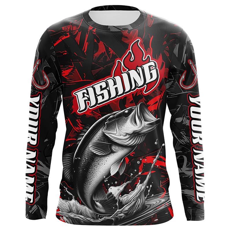 Largemouth Bass Fishing Custom Long Sleeve Shirts, Bass Tournament Fishing Jerseys | Red Camo