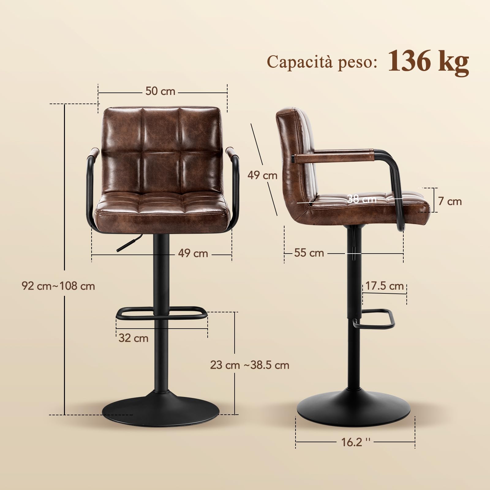 Set di 2 Sgabelli da Bar, Sgabelli Cucina Girevole 360°Altezza Regolabile da Penisola, Sgabelli Alto in Similpelle con Schienale, Bracciolo, Poggiapiedi per Bar Cucina Ristorante, Marrone scuro