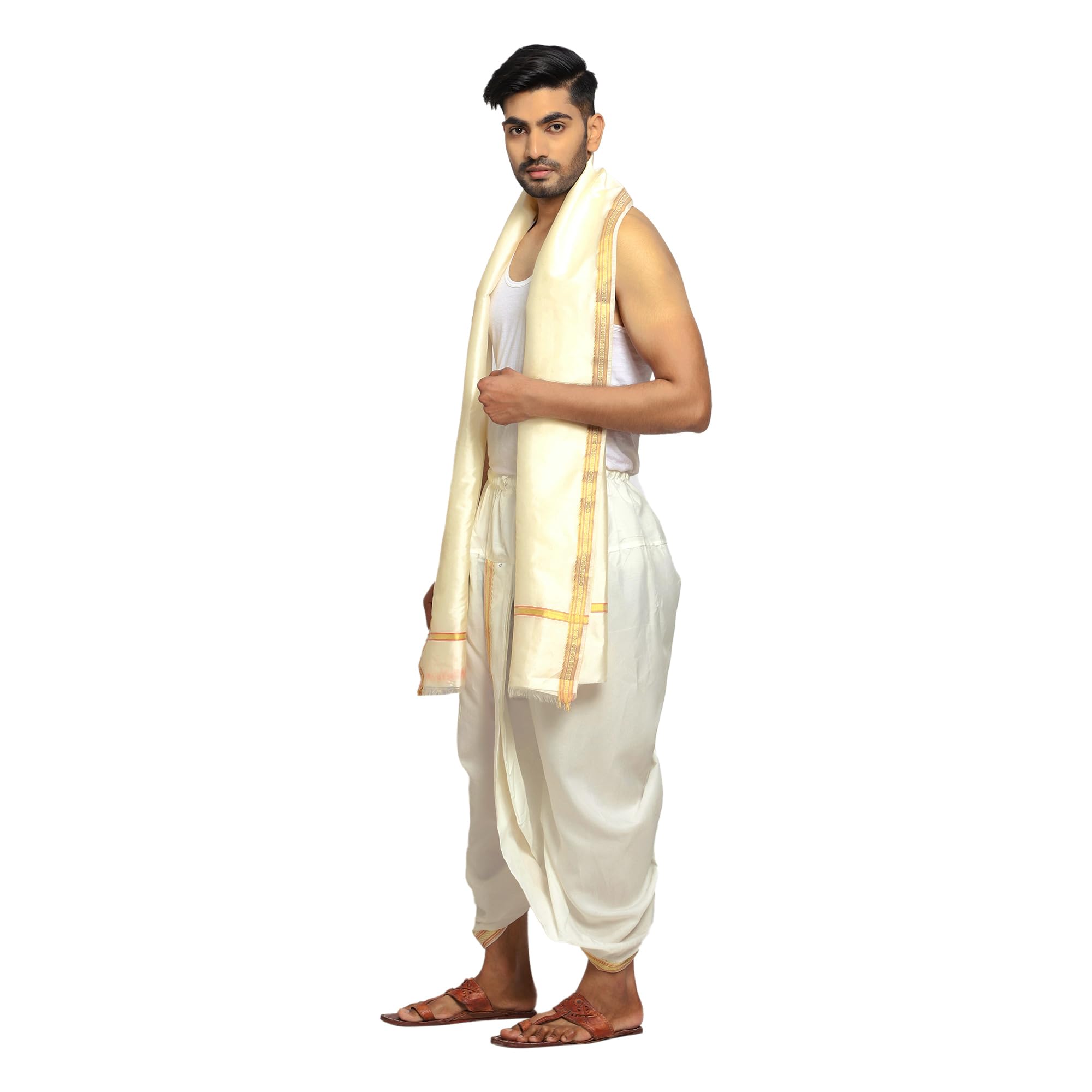 Rameshwaram Fabrics Men's Silk Ready to Wear Dhoti for men (Readymade Dhoti Pant with Dupatta), Suitable with Kurta, Free Size