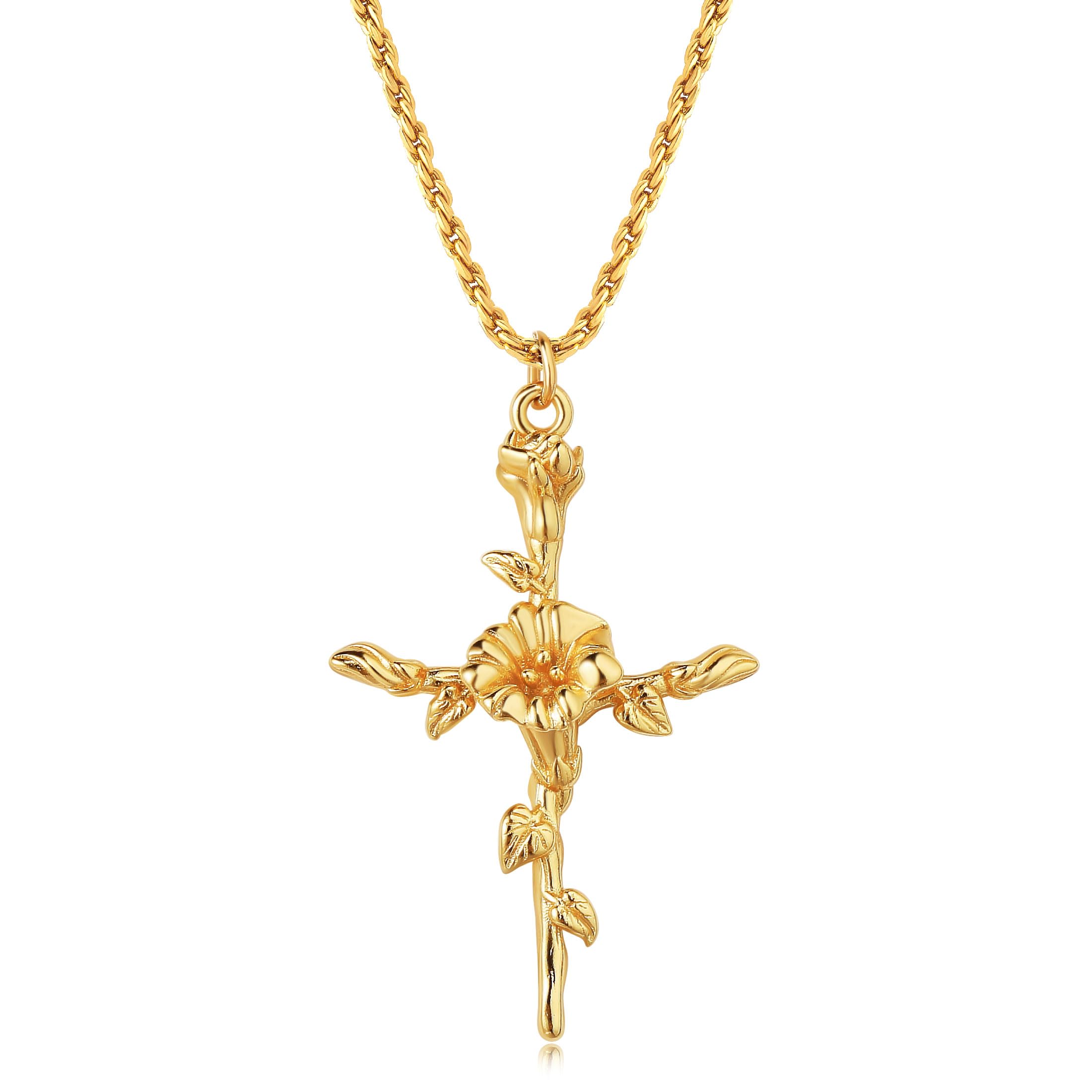 LADYGDCross Necklace for Women 14K Gold Plated Birth Flower Necklaces Rope Cross Pendant Fashion Gold Jewelry Birthday Gifts 12 Month