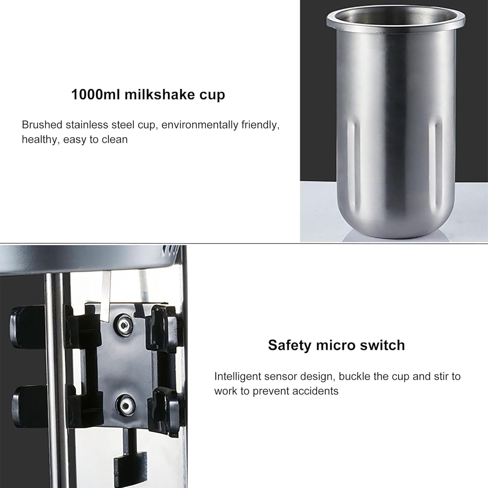 Dwugłowicowy shaker do mleka, elektryczny shaker do koktajli mlecznych z kubkiem o pojemności 1000 ml, prędkość 12000 obr./min - 18000 obr./min, płynna regulacja, mikrowyłącznik bezpieczeństwa i trw