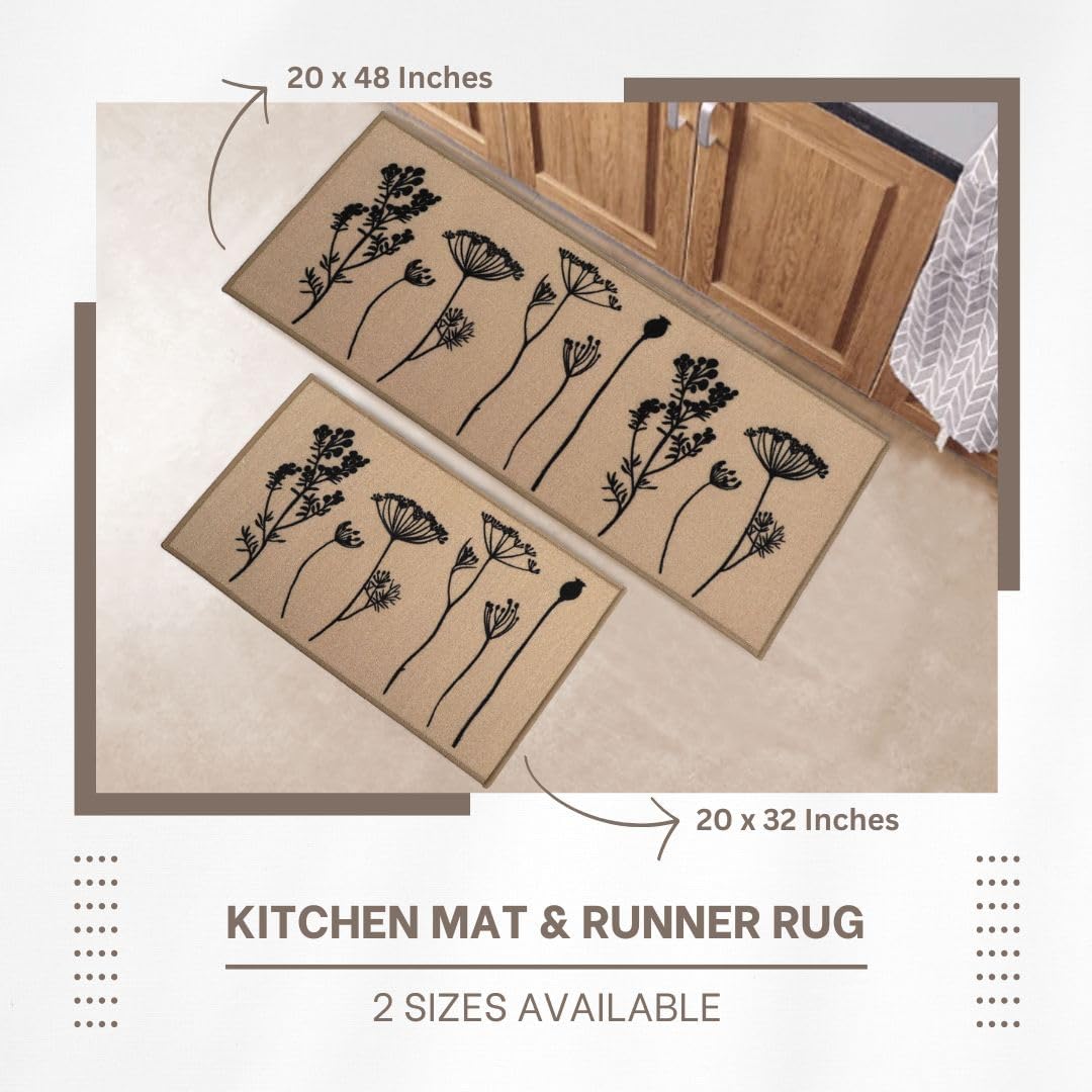 Wool Effect Wildflowers Kitchen Mat 32 x 20 Inches Tan Black