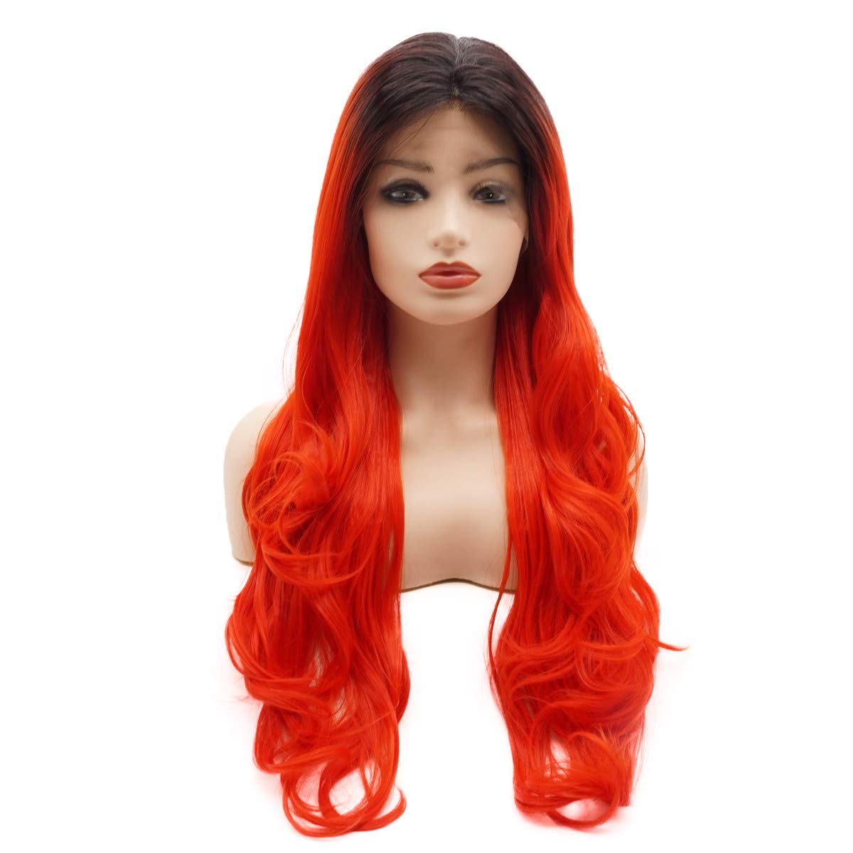 Hair Wavy Long 24inch Two Tone Ombre Dark Root Bright Red Wig Heavy Density Realistic Synthetic Lace Front Wig