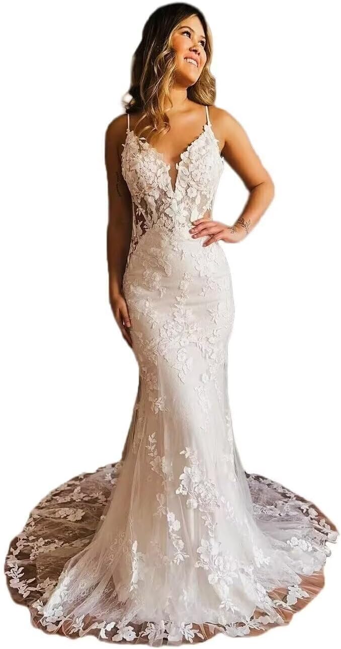 Women's Mermaid Boho Wedding Dresses Lace Tulle Applique Spaghetti Straps Beach Bridal Dress for Bride LSW105