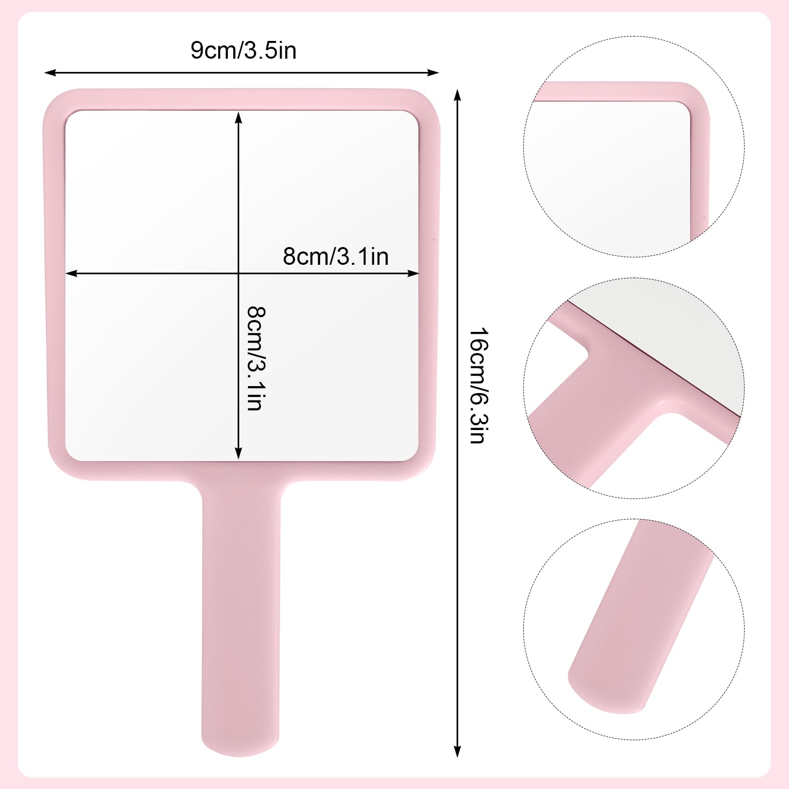 Naapesi Specchio a Mano,Specchio Trucco Portatile con Manico,Specchio Cosmetico Quadrato,Specchietto Dentista,Specchio Barbiere con Comoda Maniglia,Perfetto per Radersi o Applicare il Trucco (Rosa)