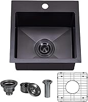 VAPSINT 15x15 Black Drop-In Bar Sink - 16 Gauge Stainless Steel Single Bowl Topmount RV Prep Sink with Grid & Strainer