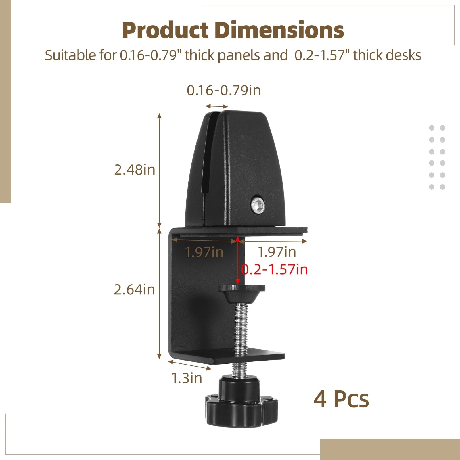 4 clips divisores de escritorio ajustables, abrazaderas de soporte de protección contra estornudos para paneles de 0.16 a 0.79, soportes de división de plexiglás sin perforaciones