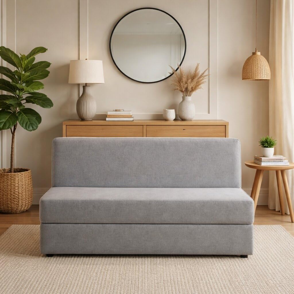 PUM PUM Compact 2-Seater Sofa Cum Bed | Foldable Floor Couch with EPE Foam | Lightweight, Space-Saving & Portable Design | Grey-image-1